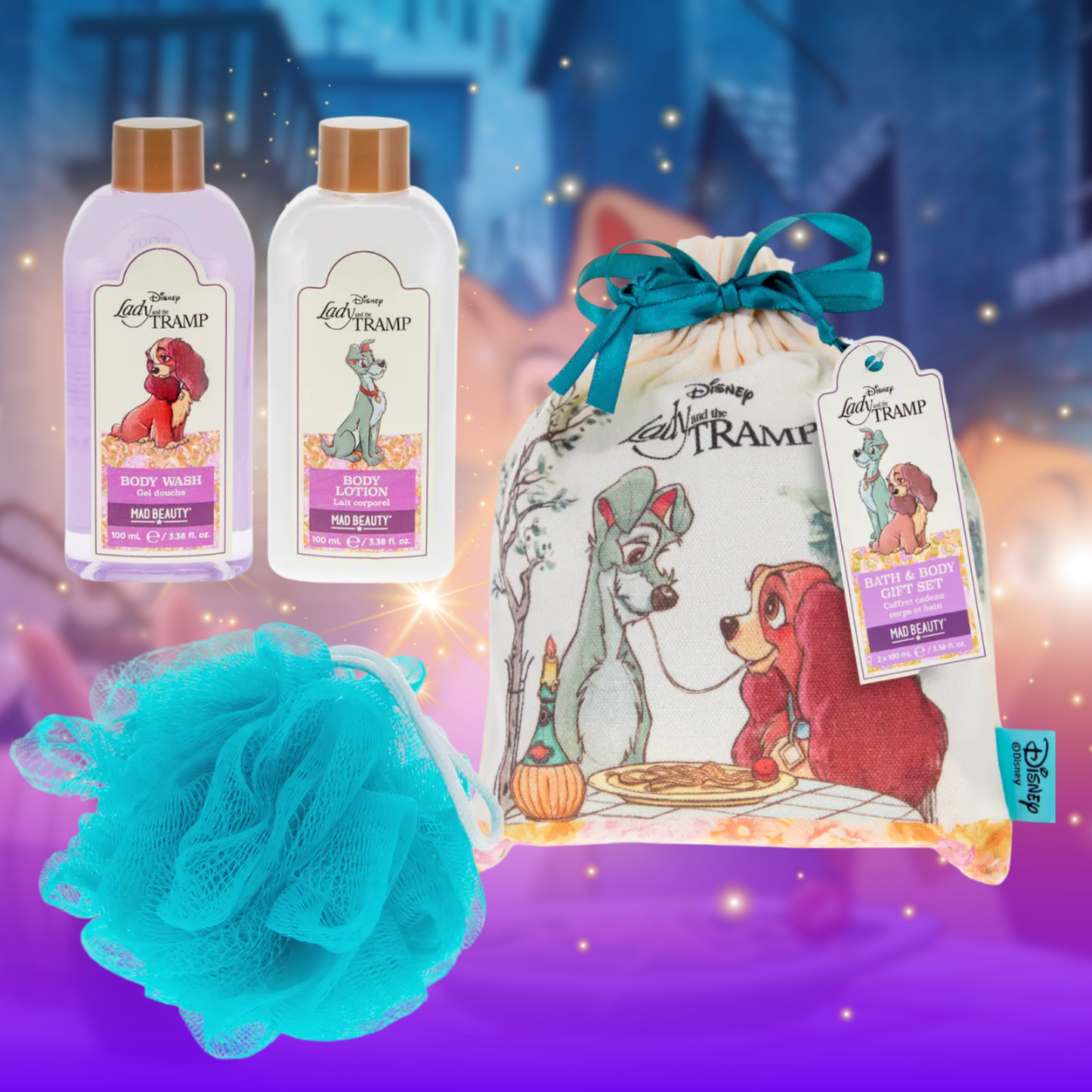 Disney Lady &amp; the Tramp bath and body set with bottles, bag, and loofah on a magical background.