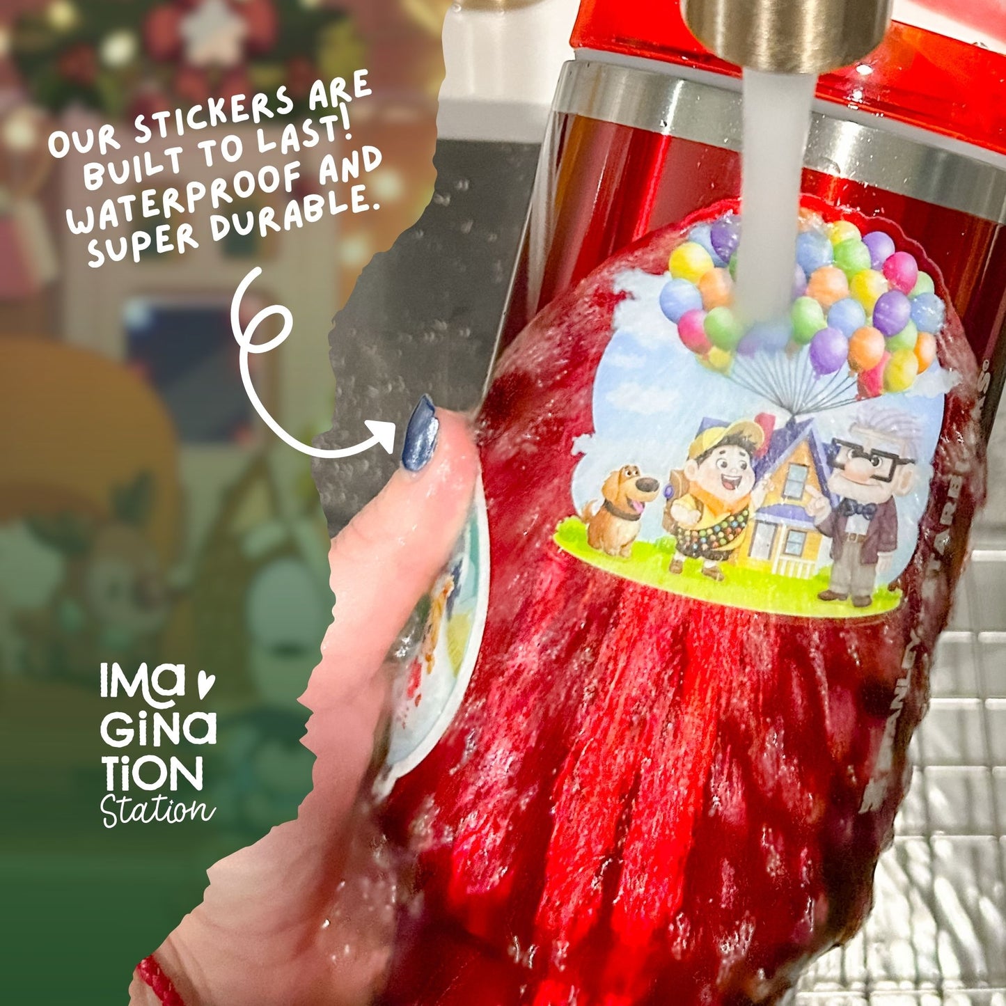 Red bottle with a colorful sticker featuring cartoon characters, held by a hand, with text about sticker durability.