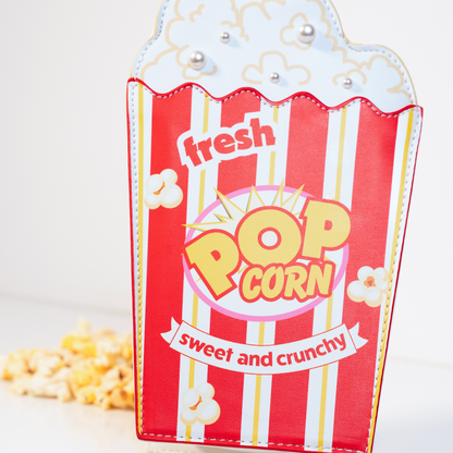 Popcorn food purse flat lay showing full bag shape and strap