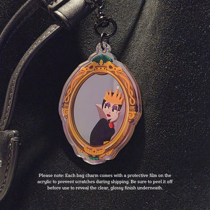 Wicked Queen mirror bag charm acrylic keychain, hand-illustrated ornate mirror frame detail