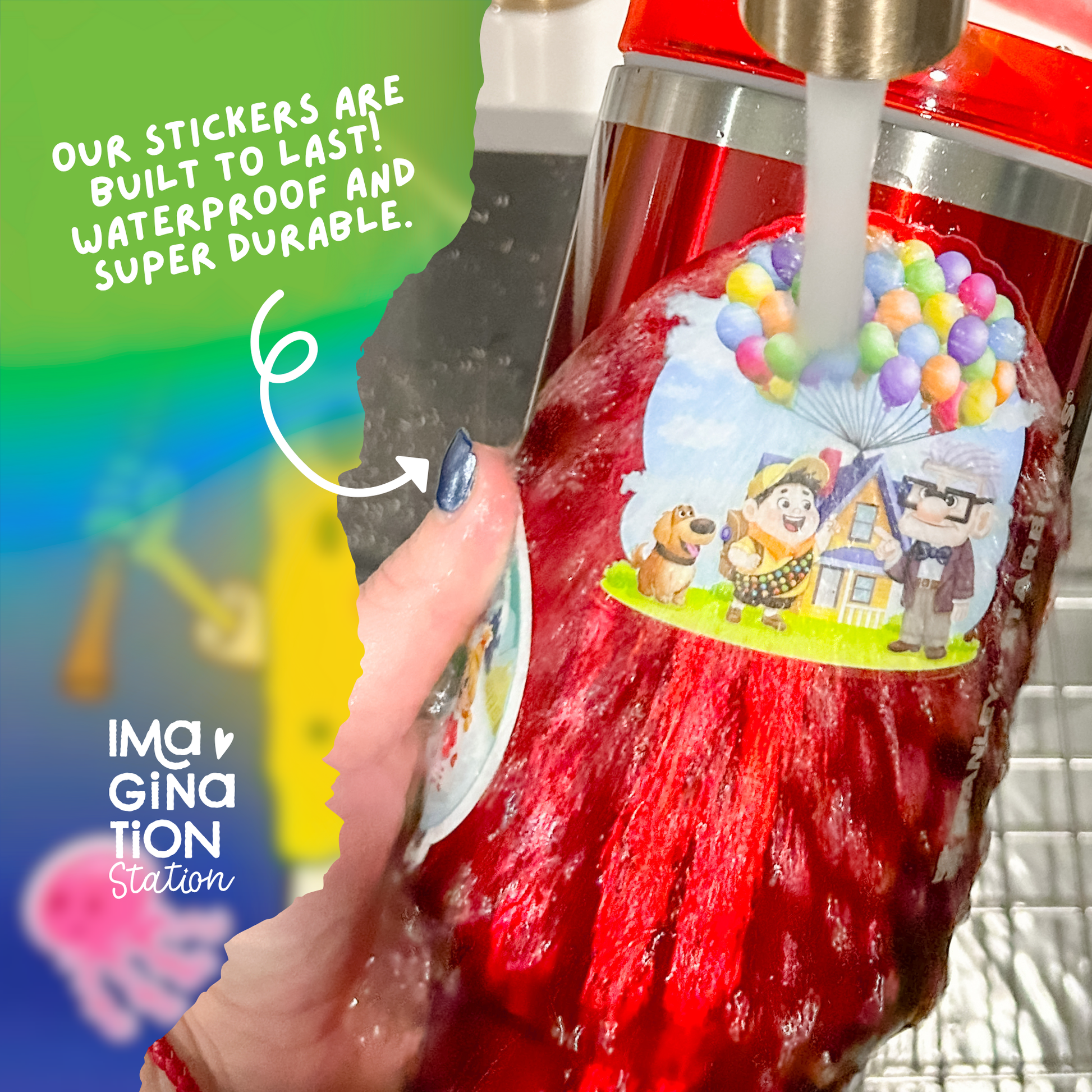 Red bottle with a colorful sticker being washed, with text about durability and a brand logo.