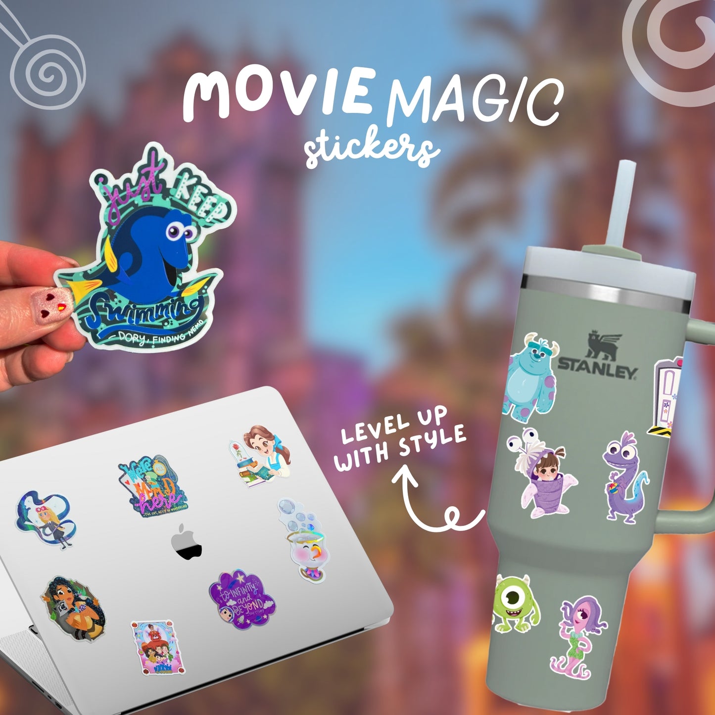 Movie-themed stickers on a laptop and Stanley tumbler with a colorful background.