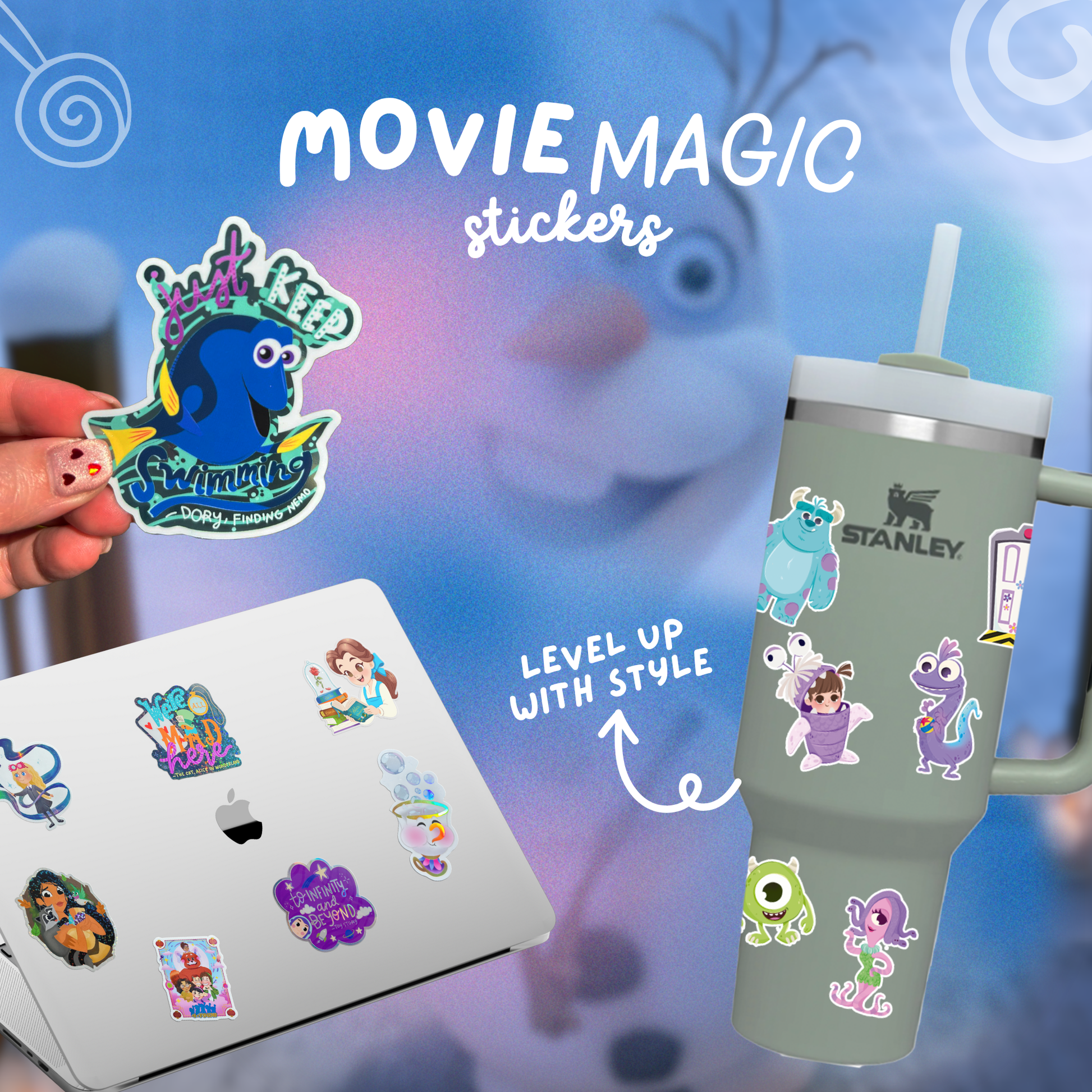 Movie-themed stickers on a laptop and mug with 'Movie Magic Stickers' text.