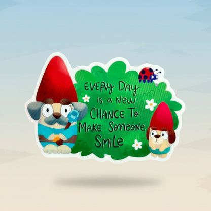 Sticker with cartoon characters and motivational quote on a colorful background