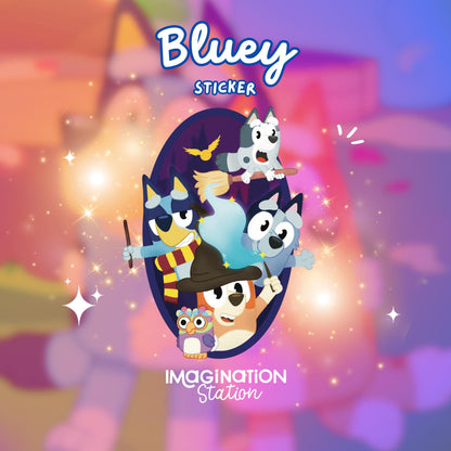 Bluey Harry Potter wizard holographic sticker held by hand – Disney crossover waterproof vinyl