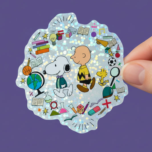 Snoopy school sticker with characters and school supplies on a colorful background