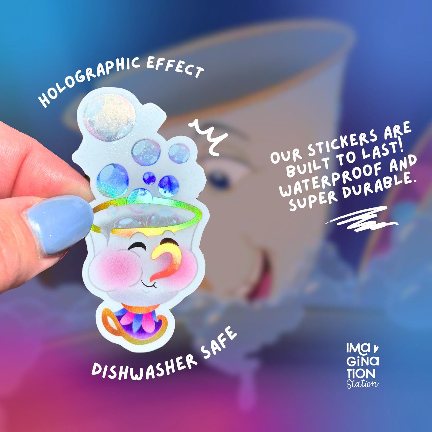 Holographic sticker held by a hand with text about durability and holographic effect.
