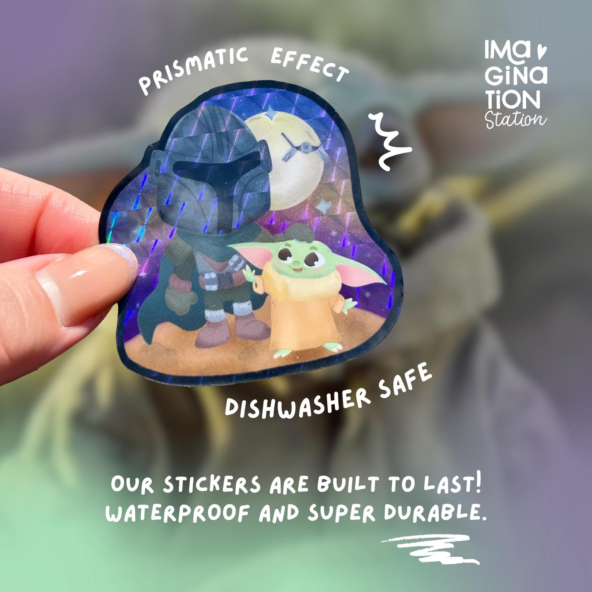 Holographic sticker of a character held by a hand with promotional text about durability.