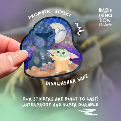 Holographic sticker of a character held by a hand with promotional text about durability.