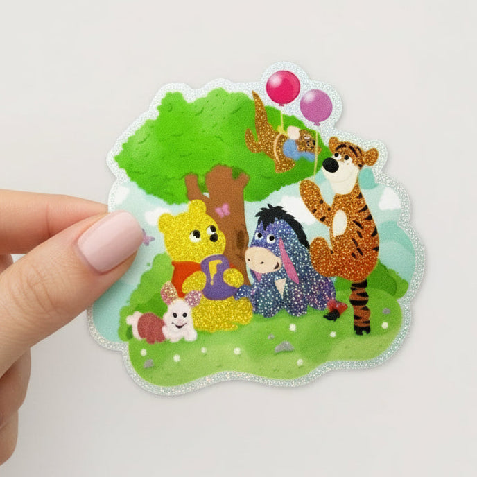 Winnie the Pooh sticker with Eeyore, Tigger, and Piglet on a colorful background with 'Winnie the Pooh Sticker' text.
