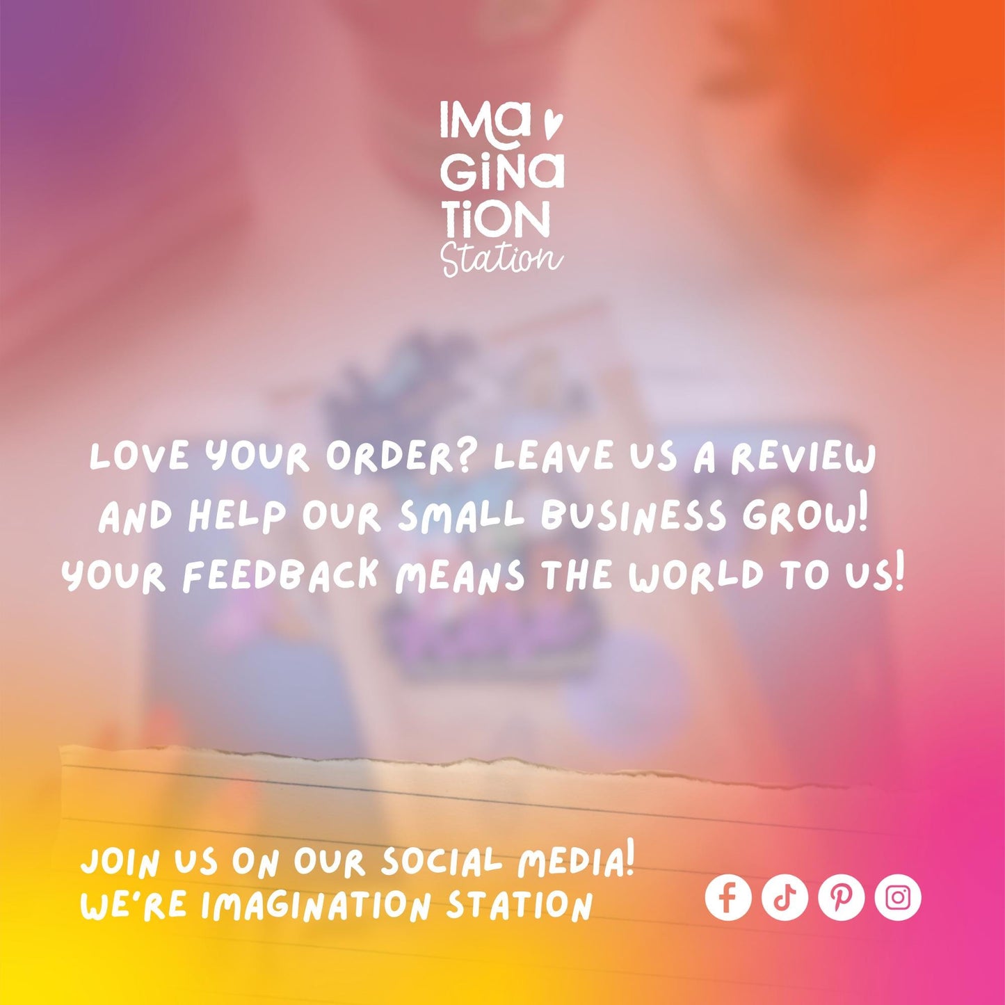 Promotional message from Imagination Station with a blurred colorful background