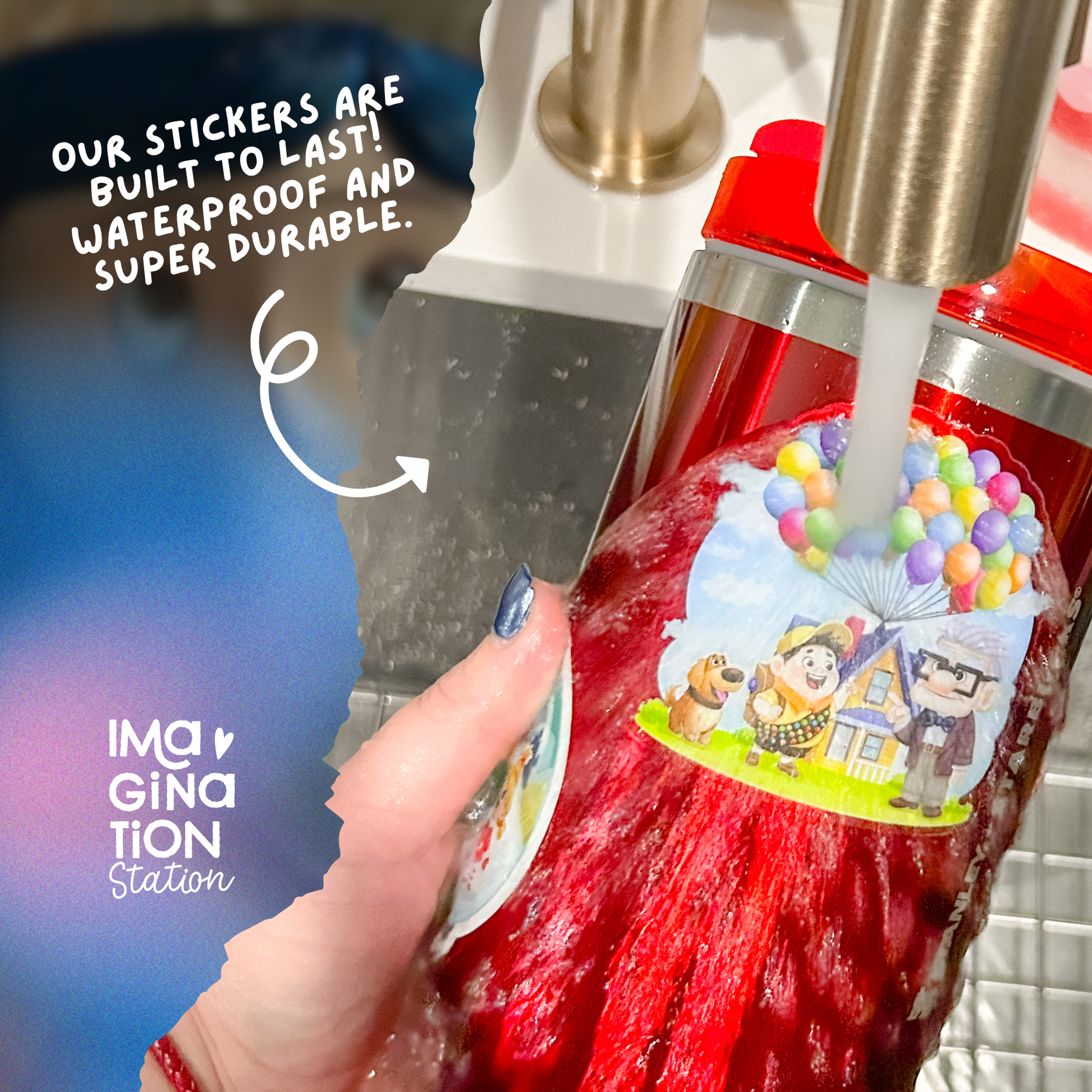Red bottle with a colorful sticker being held under running water, with text about sticker durability.