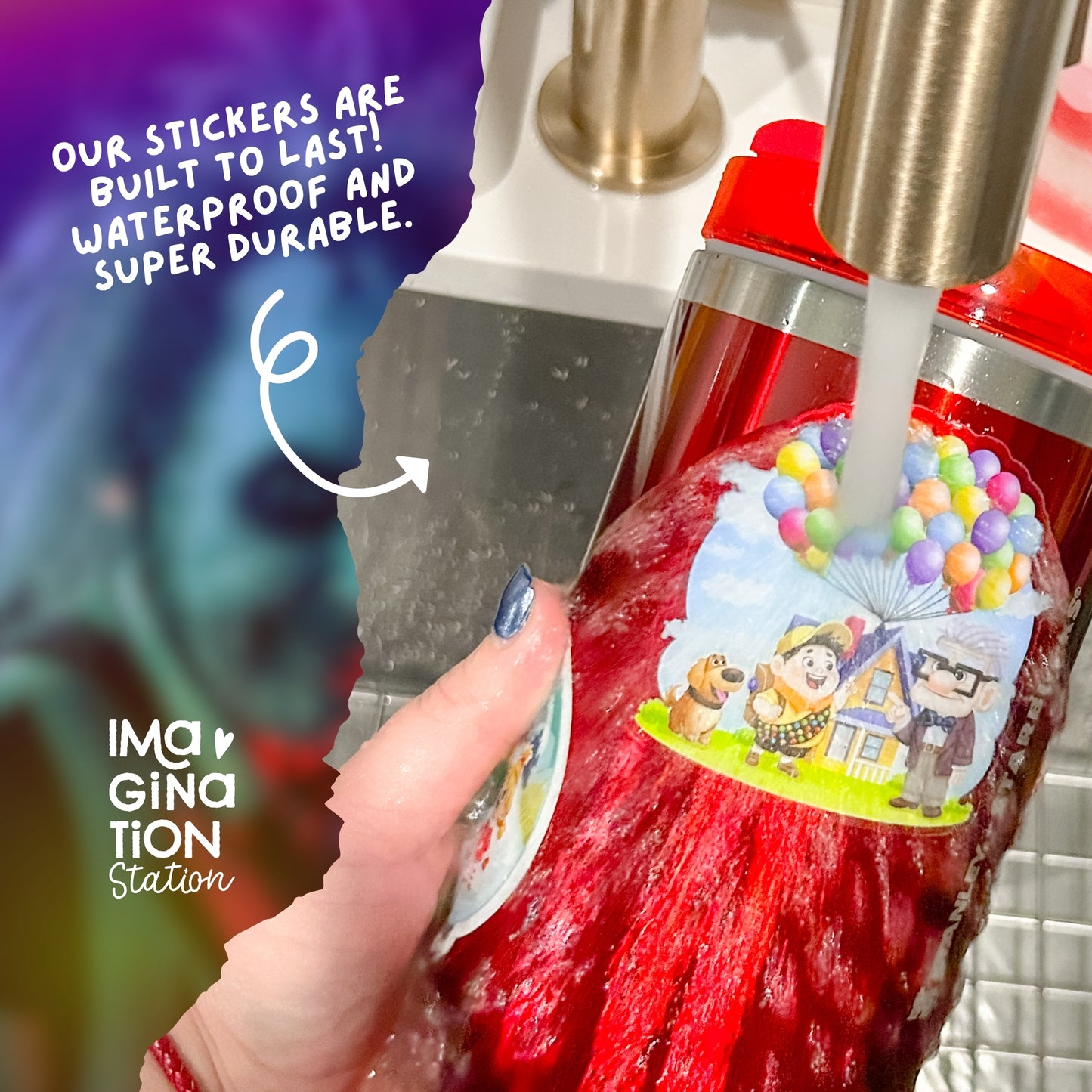 Red bottle with a colorful sticker being held under running water, with text about waterproof stickers.