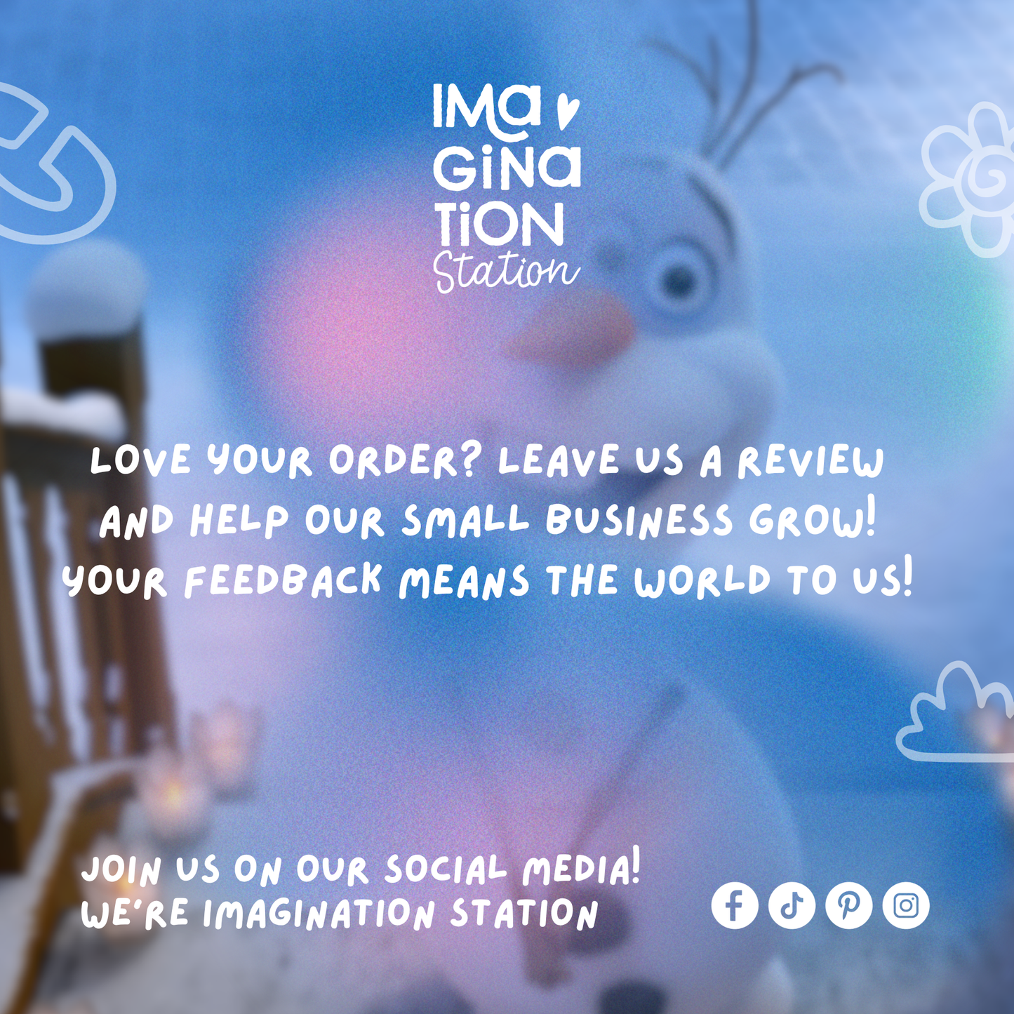 Character from 'Frozen' with promotional text for Imagination Station on a snowy background