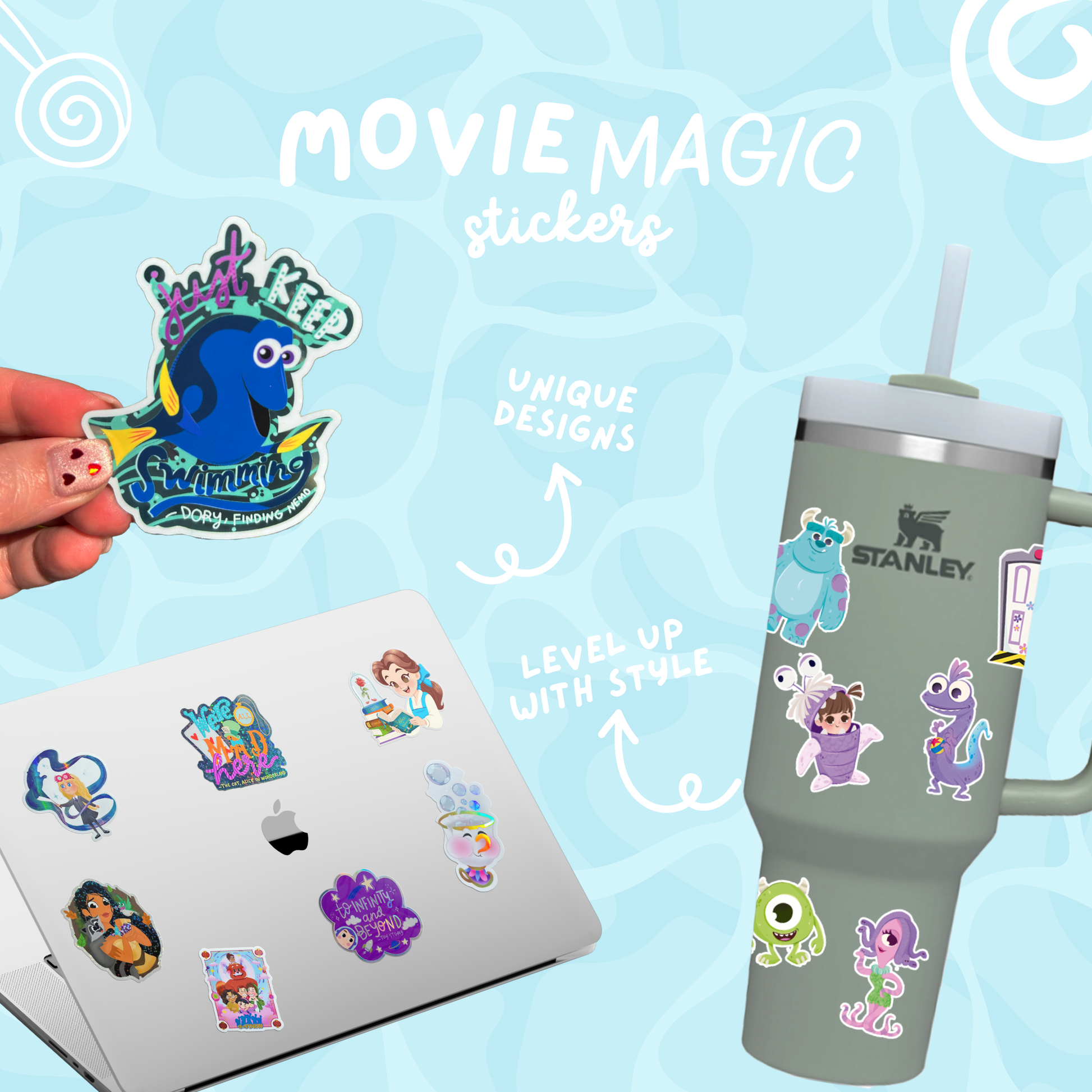 Tamatoa Moana villain waterproof sticker on water bottle lifestyle shot
