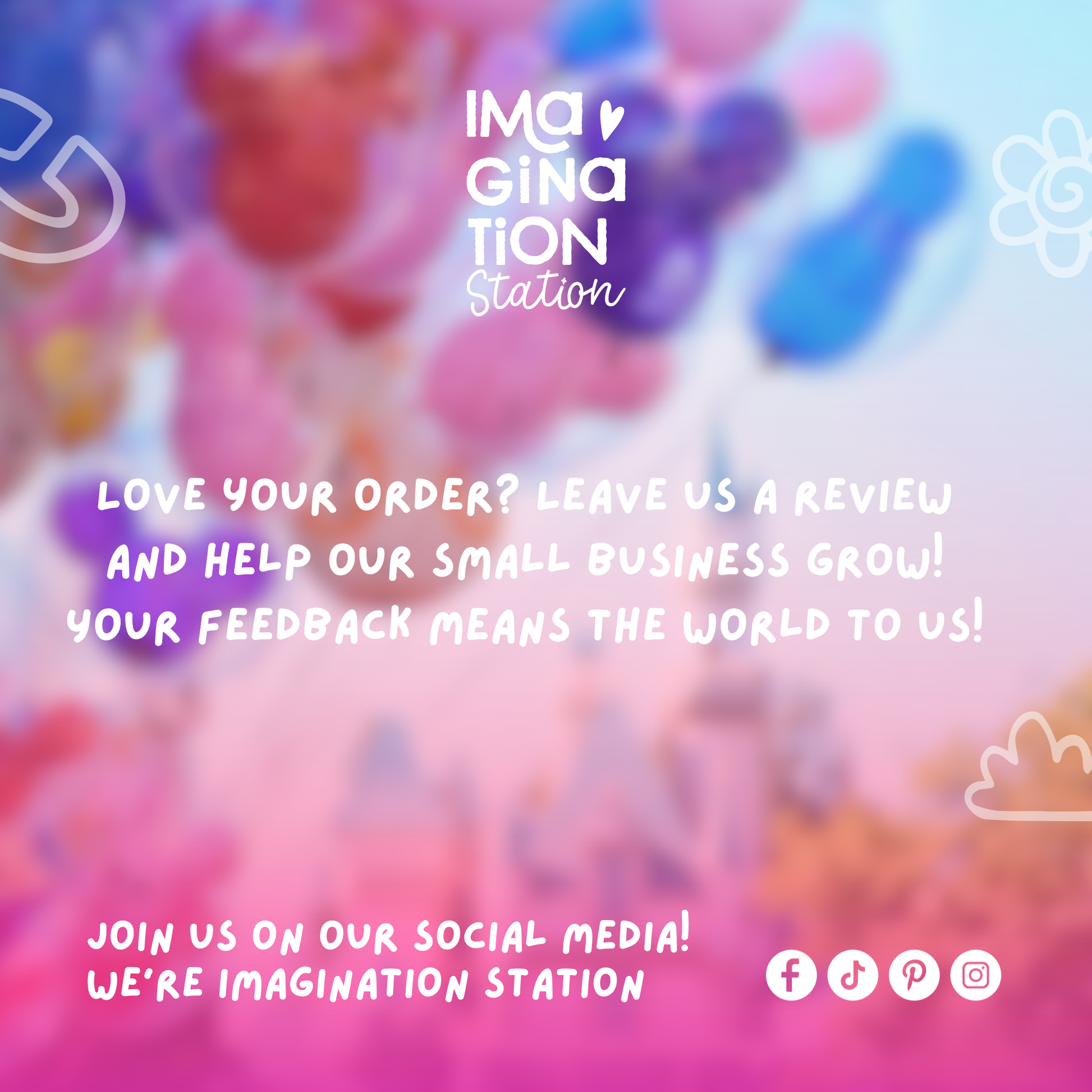 Call to action for feedback with colorful abstract background and 'Imagination Station' branding.