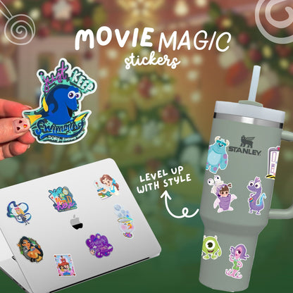 Movie-themed stickers on a laptop and tumbler with a blurred festive background.