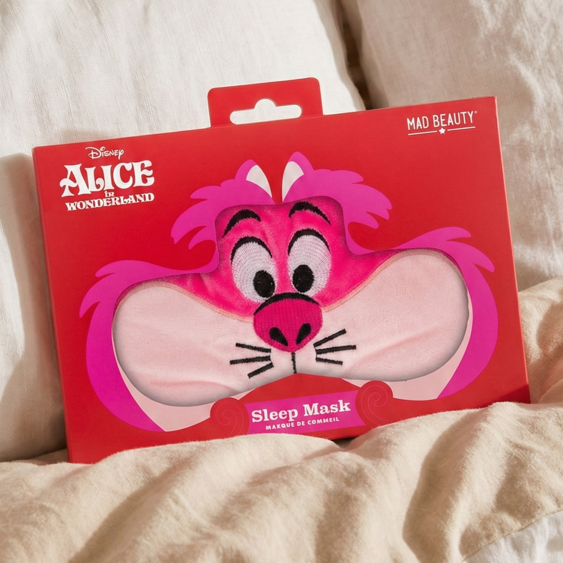 Cheshire Cat sleep mask worn – soft Disney Alice in Wonderland character eye mask