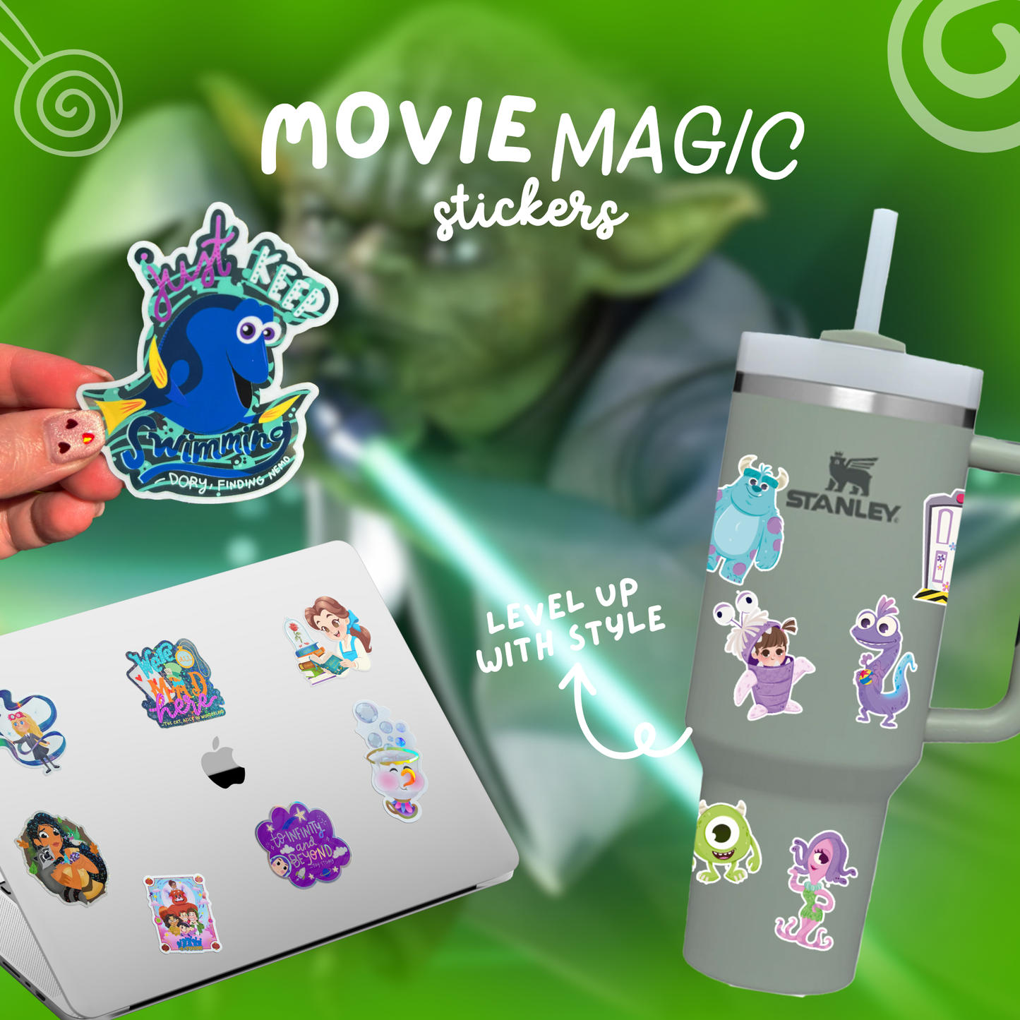 Movie-themed stickers on a laptop and tumbler with Yoda in the background.
