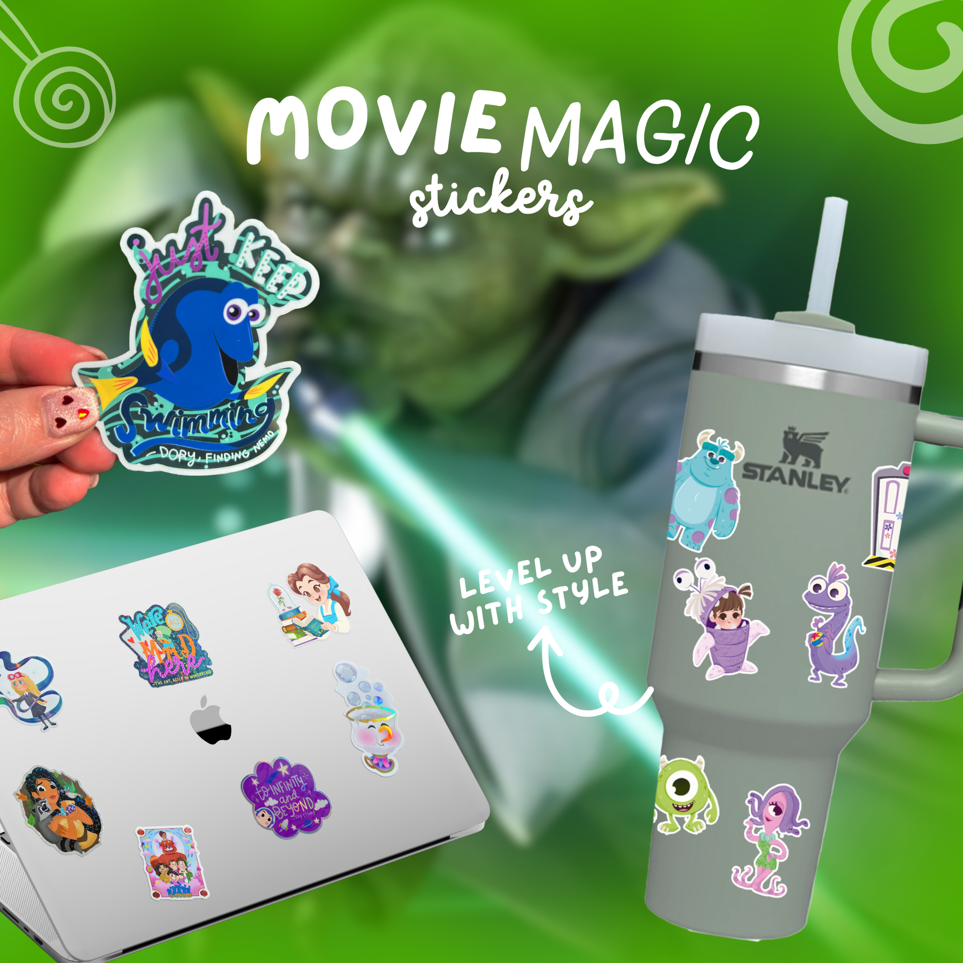 Movie-themed stickers on a laptop and tumbler with Yoda in the background.