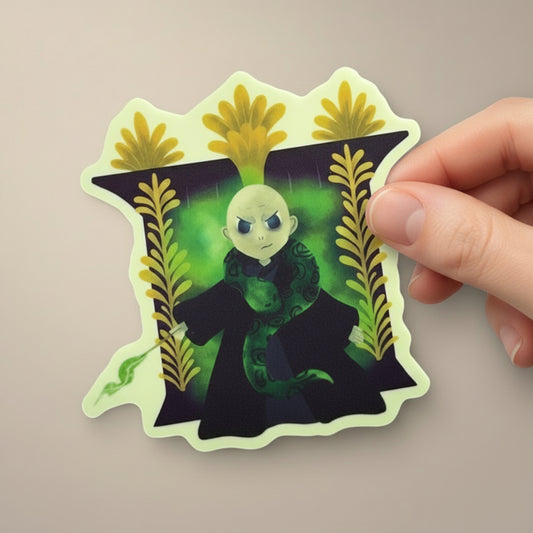 Sticker of a character with 'Voldemort' text on a green background