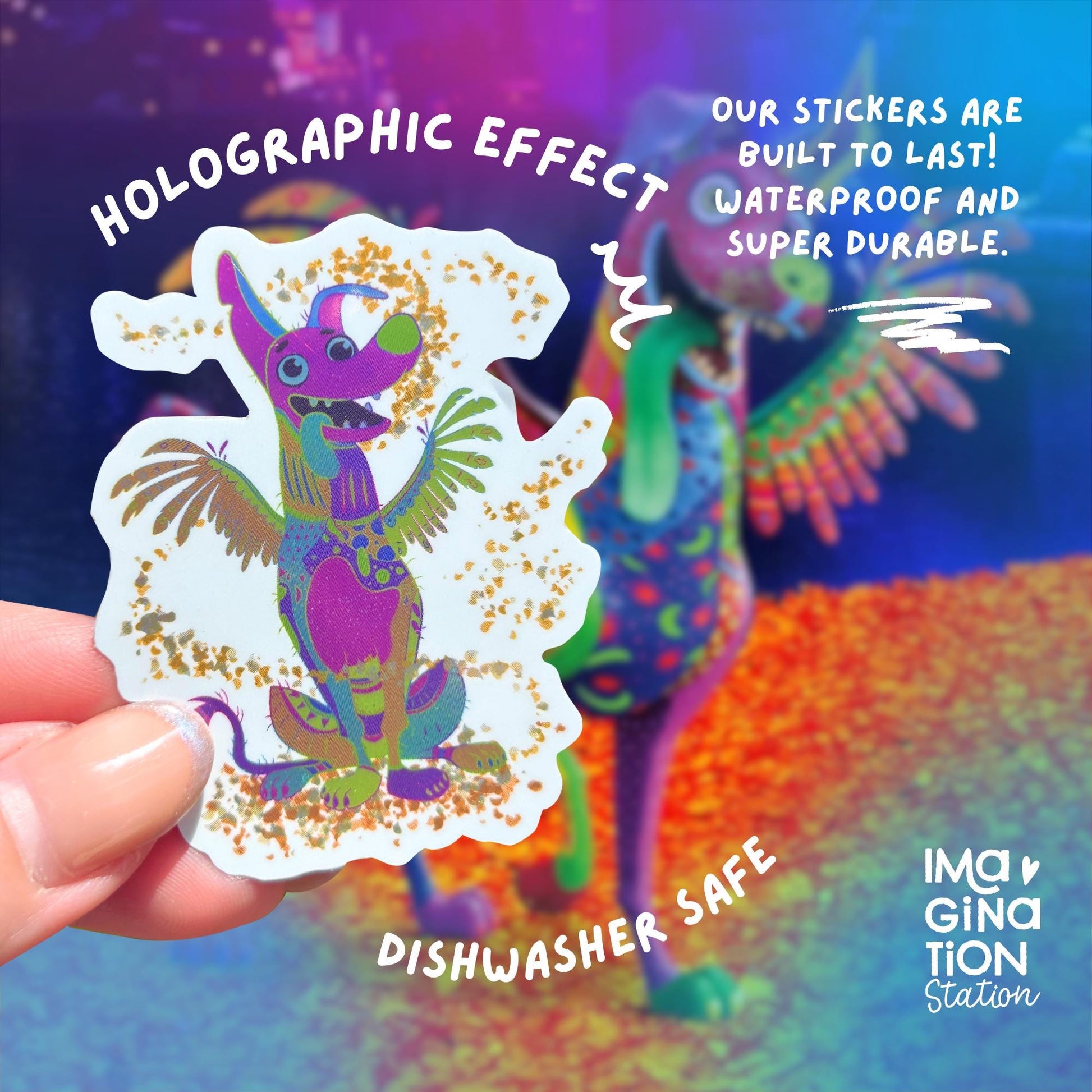 Dante Coco holographic sticker on water bottle – Alebrije color-shifting Disney Pixar vinyl decal