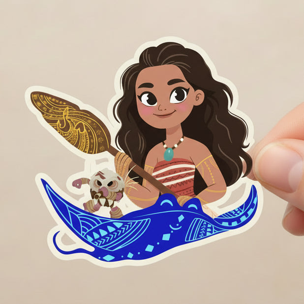 Illustration of a character from 'Moana' on a blue boat with a green background