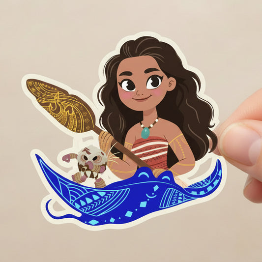 Illustration of a character from 'Moana' on a blue boat with a green background