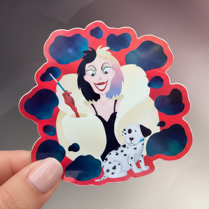 Cruella sticker with Dalmatian and colorful design on a blurred background