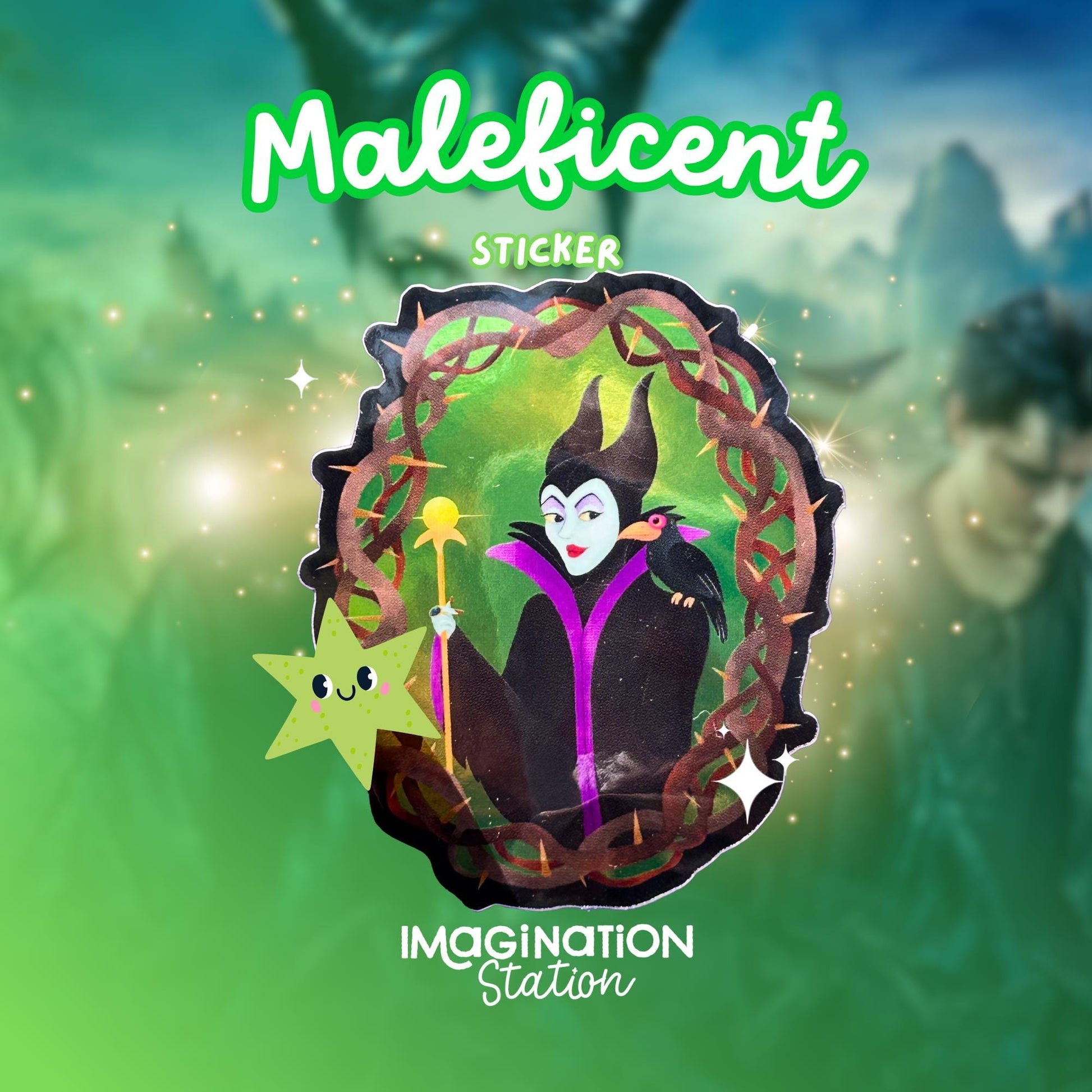 Sticker of Maleficent with a green background and 'Imagination Station' branding.
