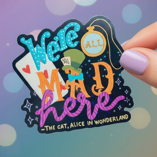 Sticker with 'Alice in Wonderland' theme on a blurred background
