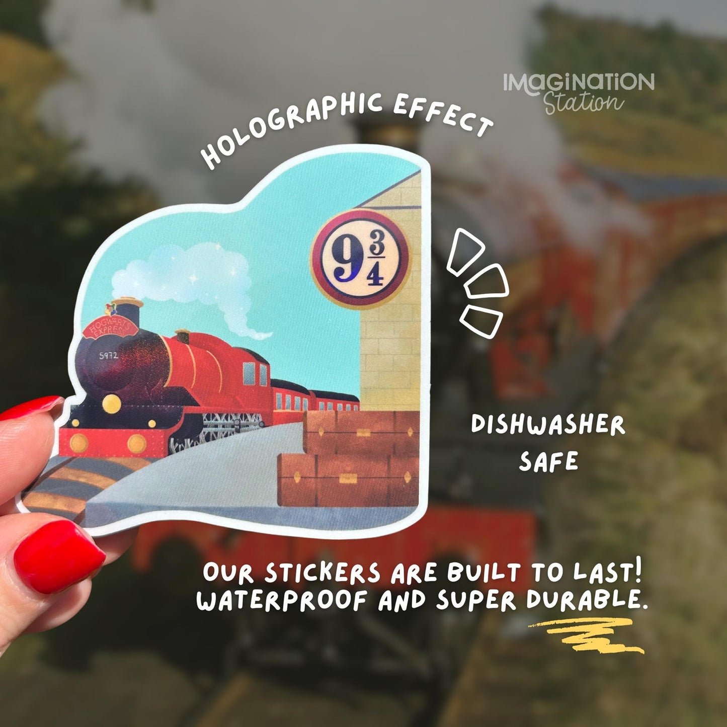 Hogwarts Express sticker held by hand – holographic prismatic Harry Potter vinyl decal