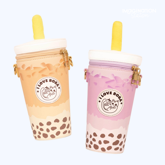 Boba milk tea crossbody bag front view in Original color showing cup shape and straw