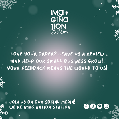 Call to action for feedback with snowflake decorations on a green background