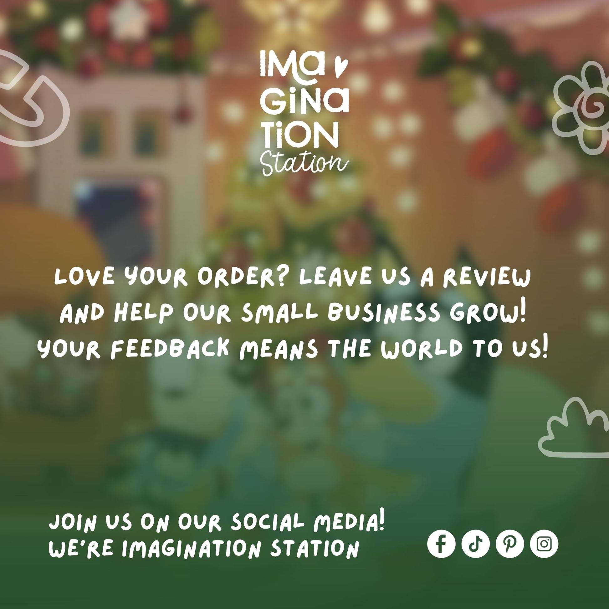 Promotional message from Imagination Station with a blurred background of a store interior.