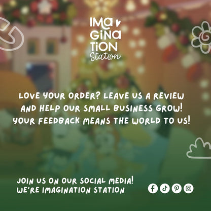 Promotional message from Imagination Station with a blurred background of a store interior.