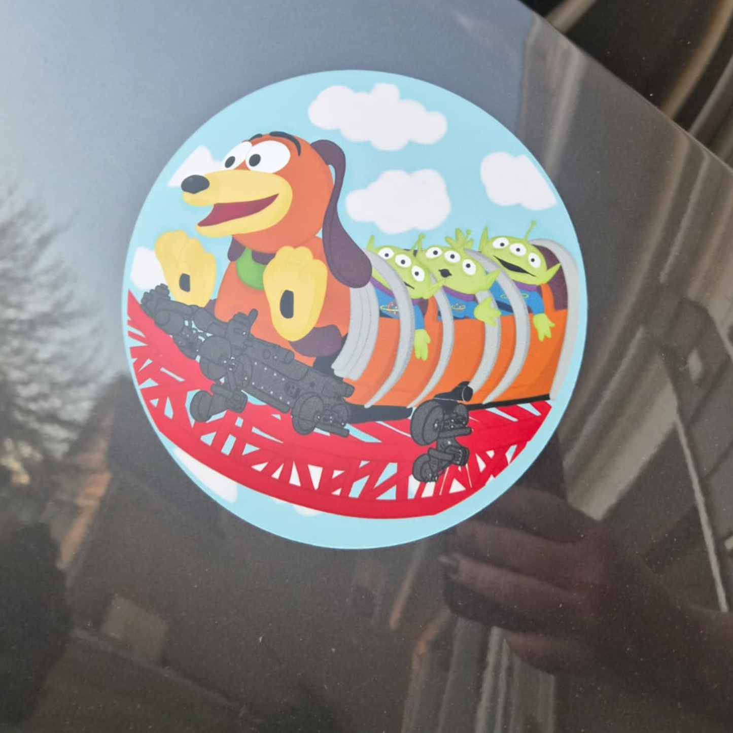 Cartoon character sticker on a car window