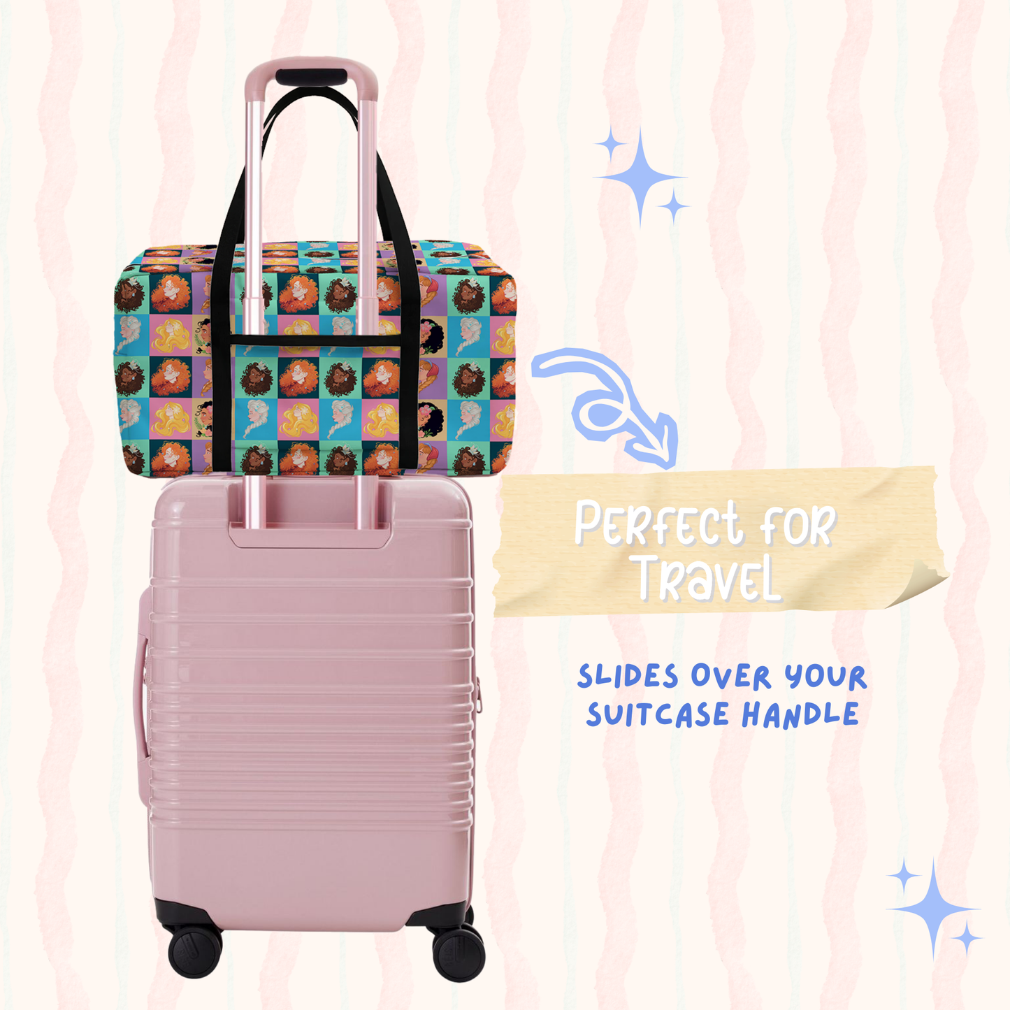 Princess Weekender bag lifestyle – Disney princess travel duffle worn on shoulder