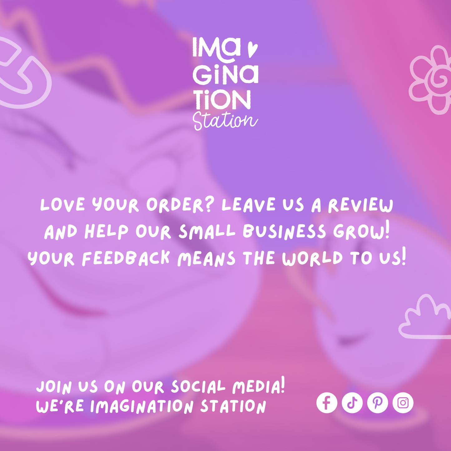 Call to action for feedback with 'Imagination Station' branding on a pink and purple abstract background.