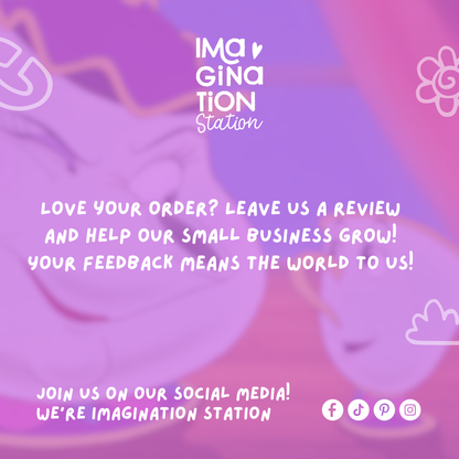 Call to action for feedback with 'Imagination Station' branding on a pink and purple abstract background.