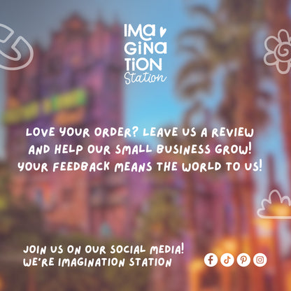 Blurred background with colorful decorations and text encouraging feedback for Imagination Station.