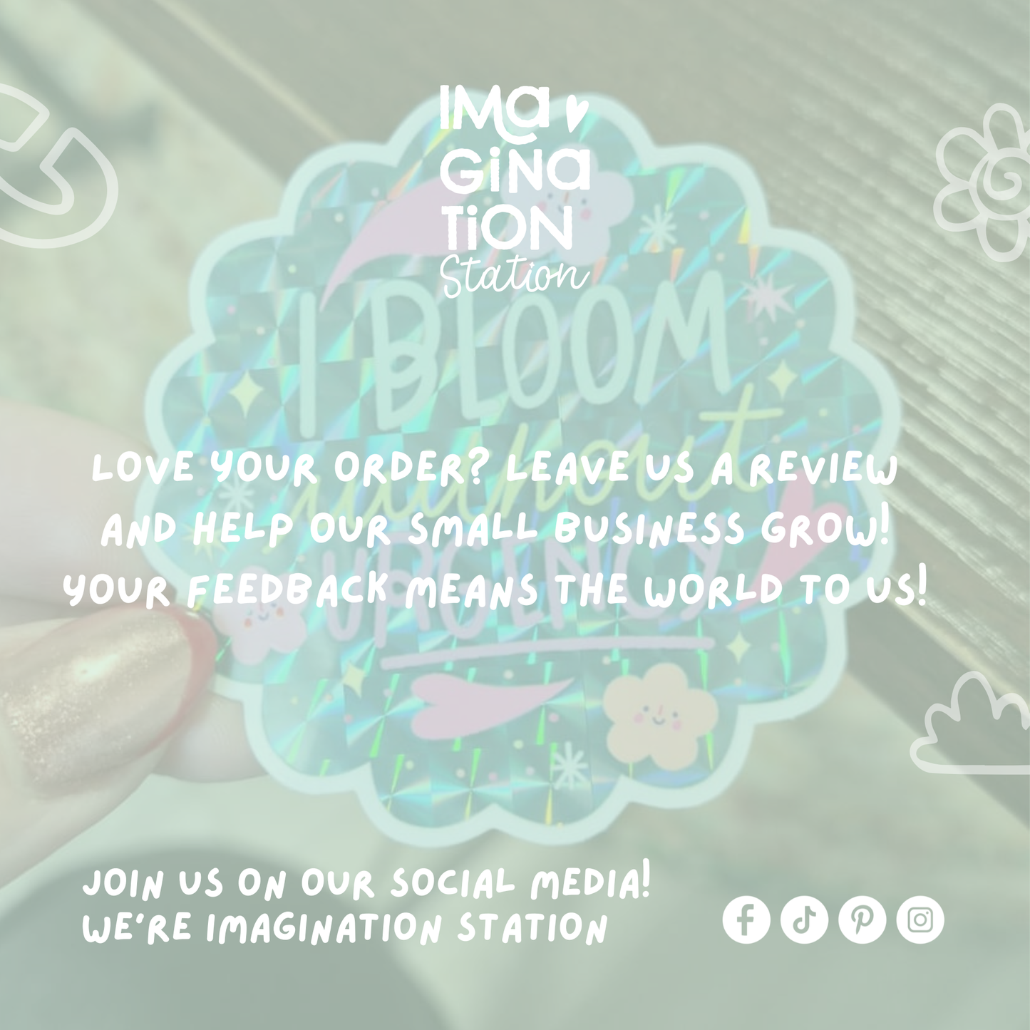 Bloom Without Urgency sticker color detail – prismatic floral motivational glossy vinyl