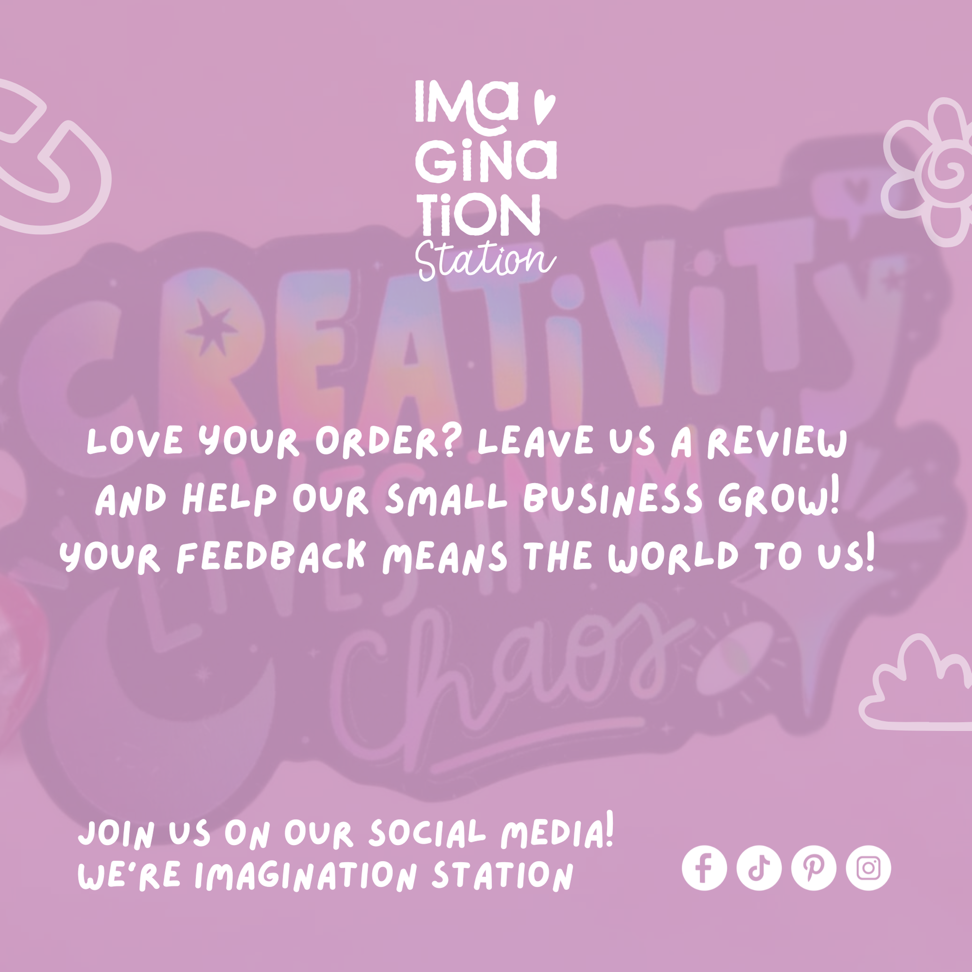 Imagination Station Creativity Lives in My Chaos holographic sticker packaging – inspirational gift