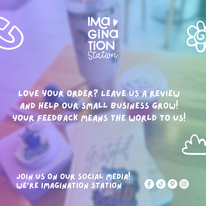 Promotional graphic for Imagination Station with colorful stationery items and a call to action for feedback.