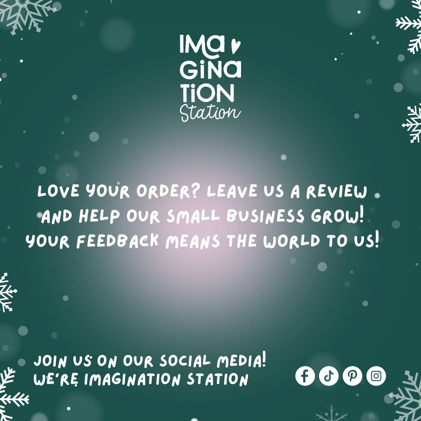 Call to action for feedback with snowflake decorations on a dark green background