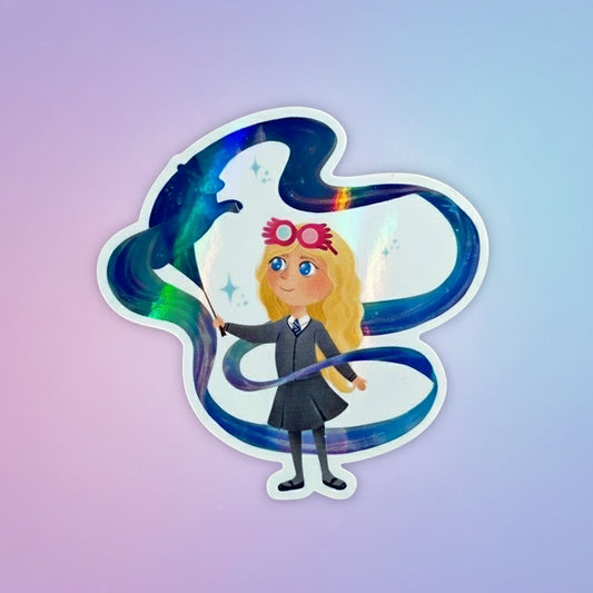 Sticker design of a character from 'Harry Potter' with a magical wand on a purple background.