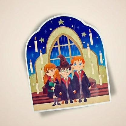 Illustration of three characters in front of a magical archway on a beige background