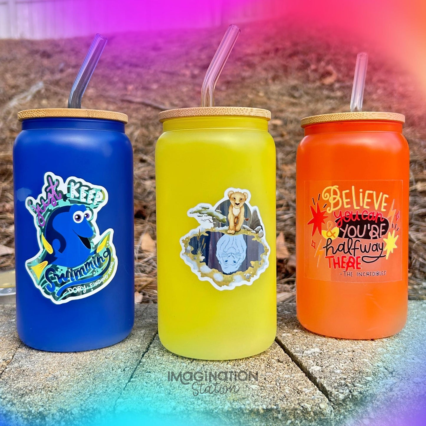 Frosted color changing glass cup side view – 16oz magic Disney tumbler with bamboo lid