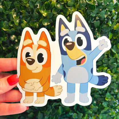 Bluey and Bingo car magnet applied to vehicle – die-cut colorful weatherproof vinyl decal
