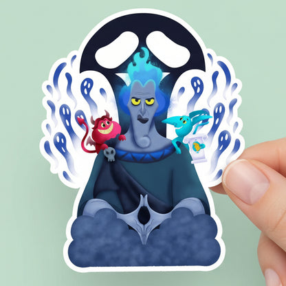 Sticker design of Hades from Greek mythology with two small characters on a dark background.